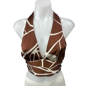 Victoria + Sophia Brown Halter Sleeveless Open Back Plunge V Blouse Crop Top S